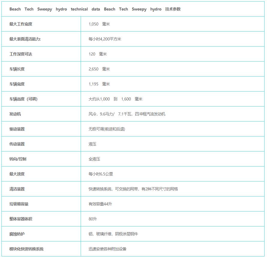 BT Sweepy hydro产品参数表格